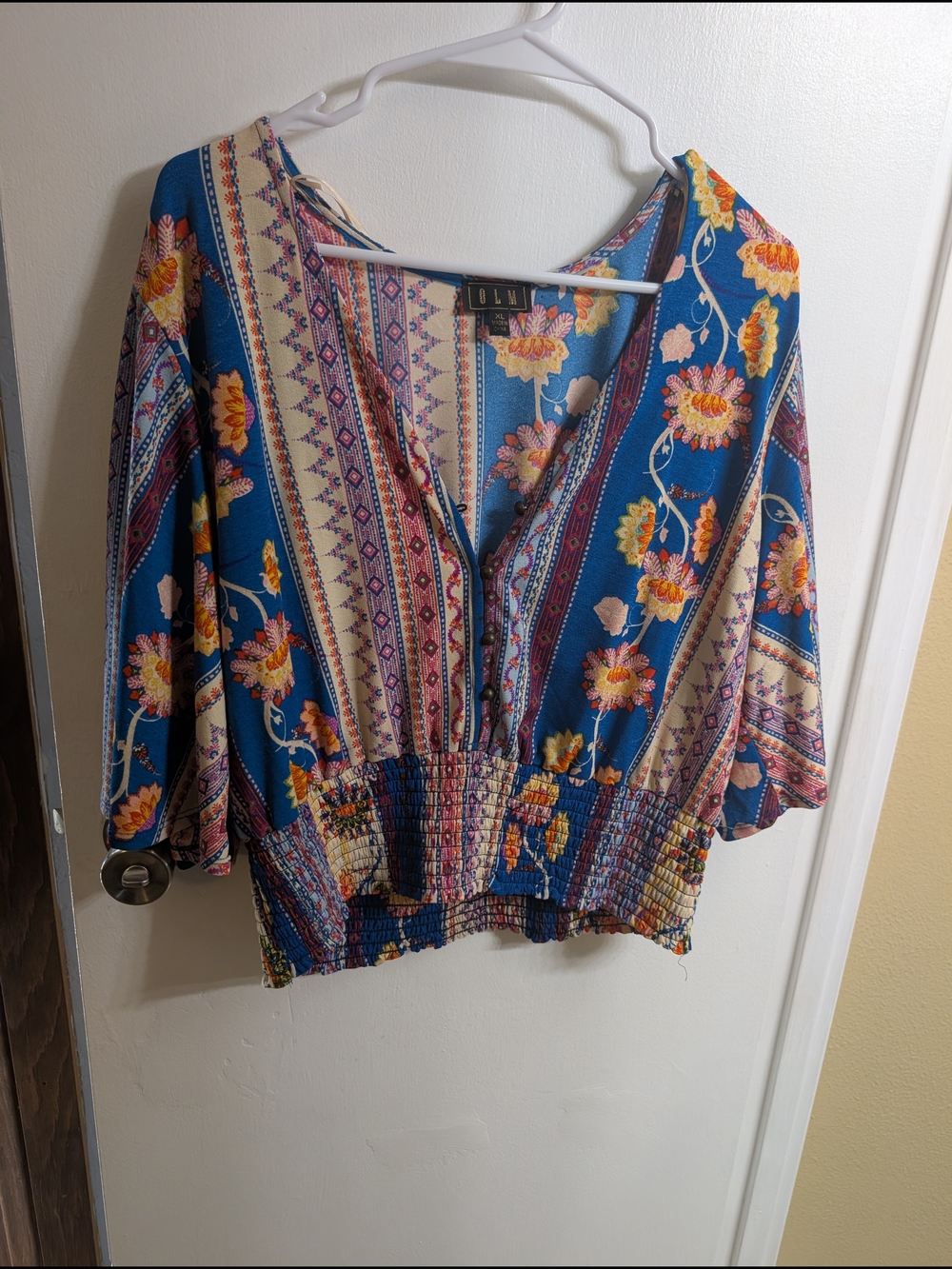 OLM Blue Floral Peasant Blouse